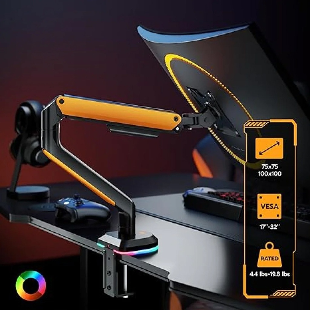 Sades APEP Single Monitor Arm RGB Screen Rotation Vesa Compatible - Orange (Fit Screen Size 17" - 32" Flat/Curved)