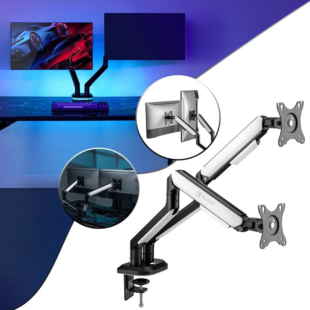 Sades APEP Dual Monitor Arm RGB Screen Rotation Vesa Compatible - Black & white (Fit Screen Size 17" - 32" Flat/Curved)