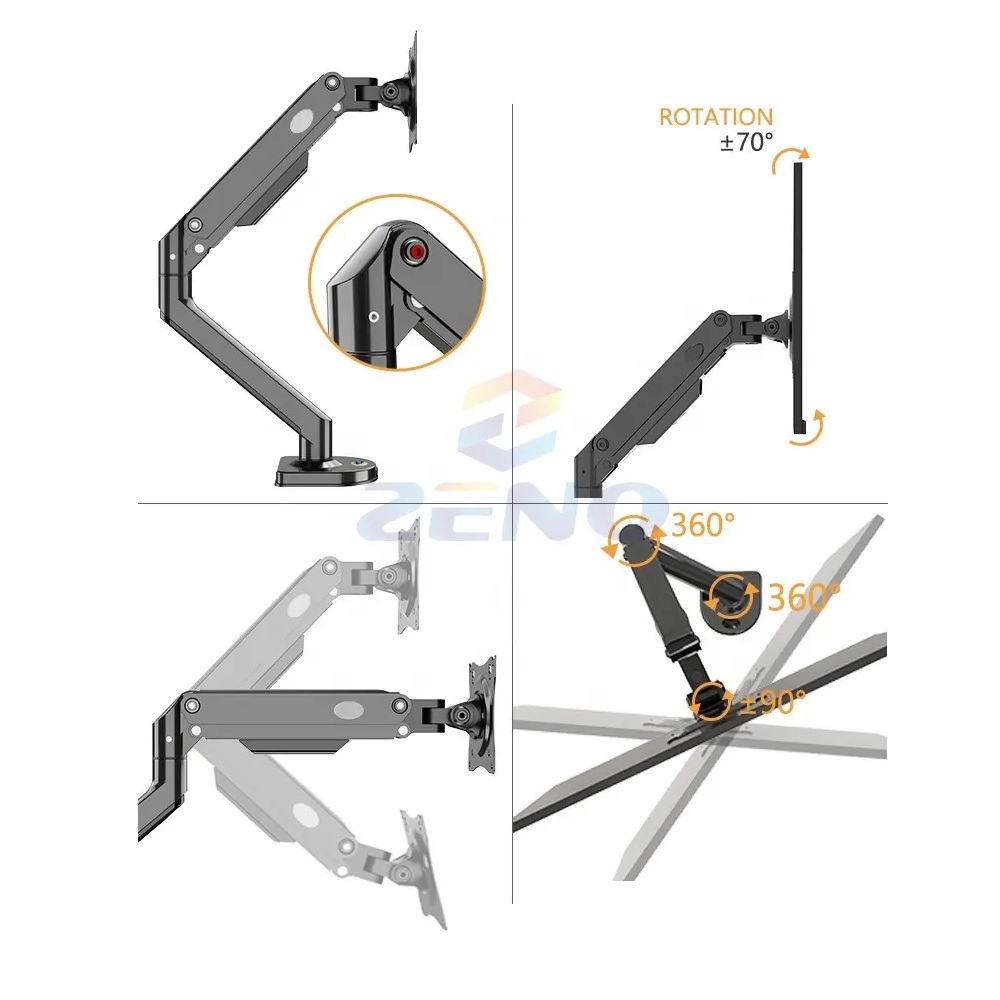 ZENO M8 Gas Strut Single Monitor Full Motion Height Swivel Tilt Rotation Adjustable Monitor Arm 17″ – 32″