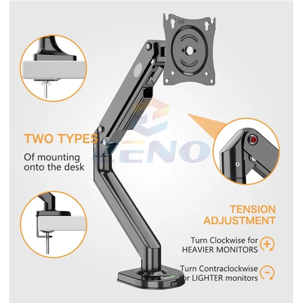 ZENO M8 Gas Strut Single Monitor Full Motion Height Swivel Tilt Rotation Adjustable Monitor Arm 17″ – 32″