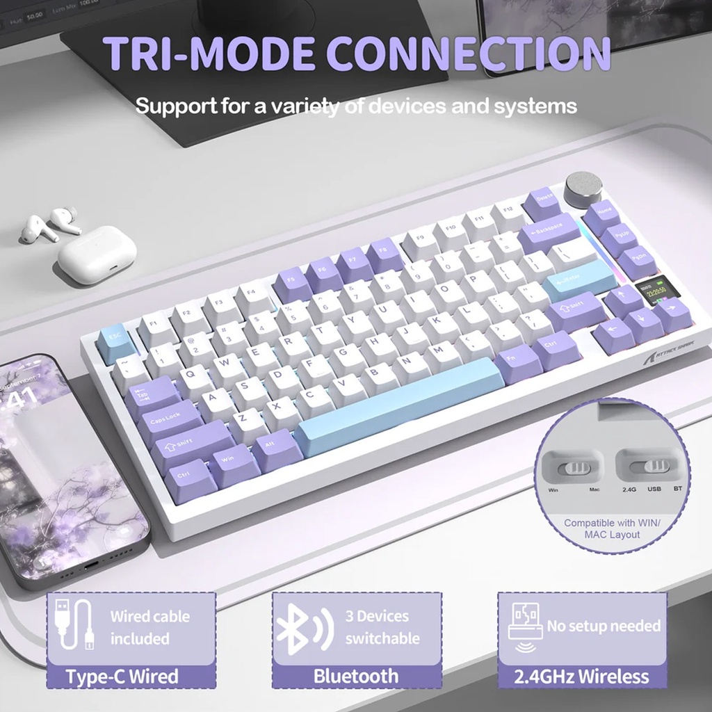 Attack Shark X820 Ultra RGB Tri-Mode Mechanical Keyboard - Star Light White + Gift Switch