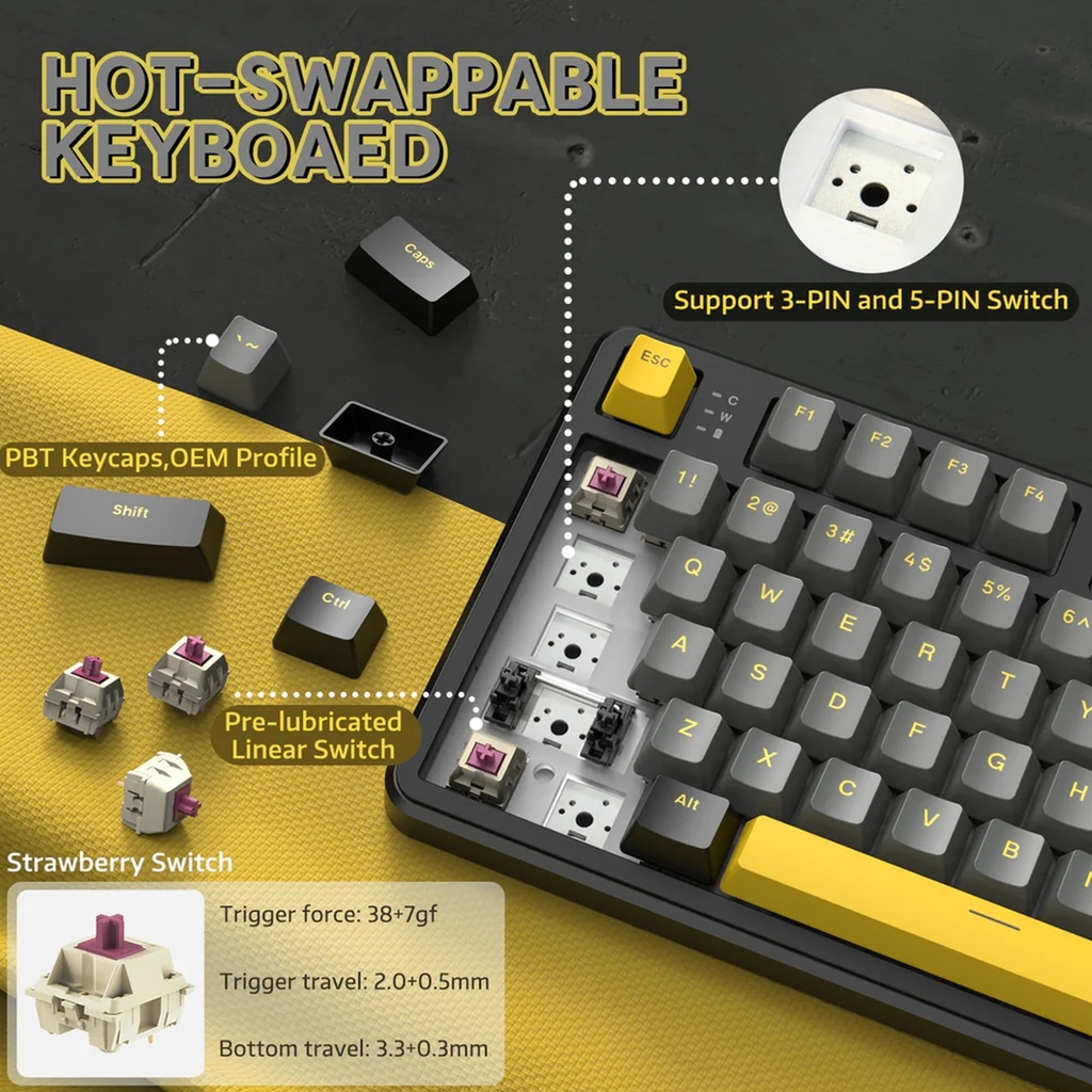 Attack Shark X87 RGB Wired+2.4G & BT Tri-Mode Switch Keybaord RGB backLit, Macro Programmable - Star Black + Strawberry Swtich