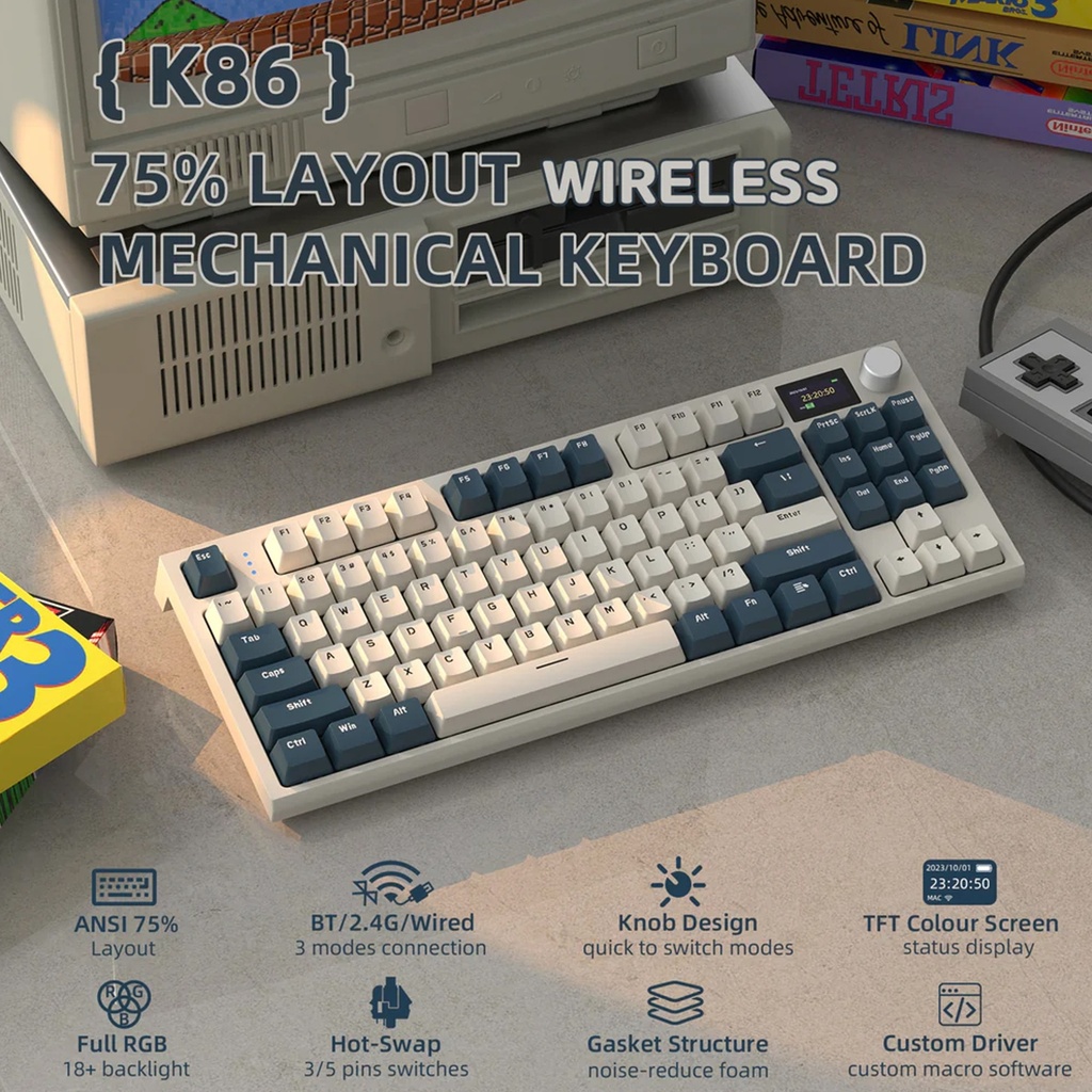 Attach Shark Wired+2.4G & BT 5.0 Connection Tri-mode Connection TFT Smart Colour Screen Knob Sitch - Time Machine + Blue Whale Switch