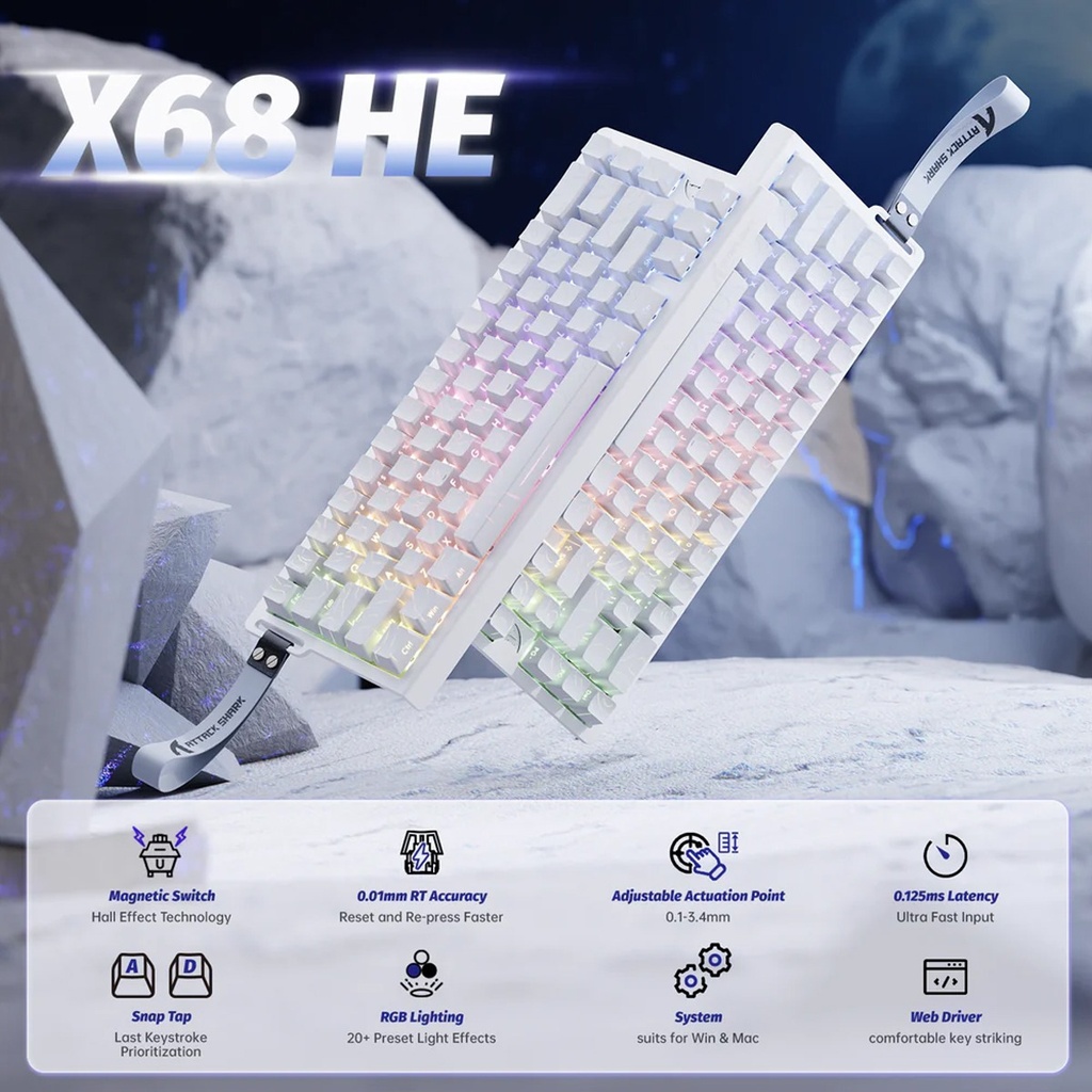 Attack Shark X68 HE Magnetic Swtich Keyboard 66Key Layout, PBT KeyCaps, RGB Light Effect For PC, Andriod, IOS, Mac - White Contour