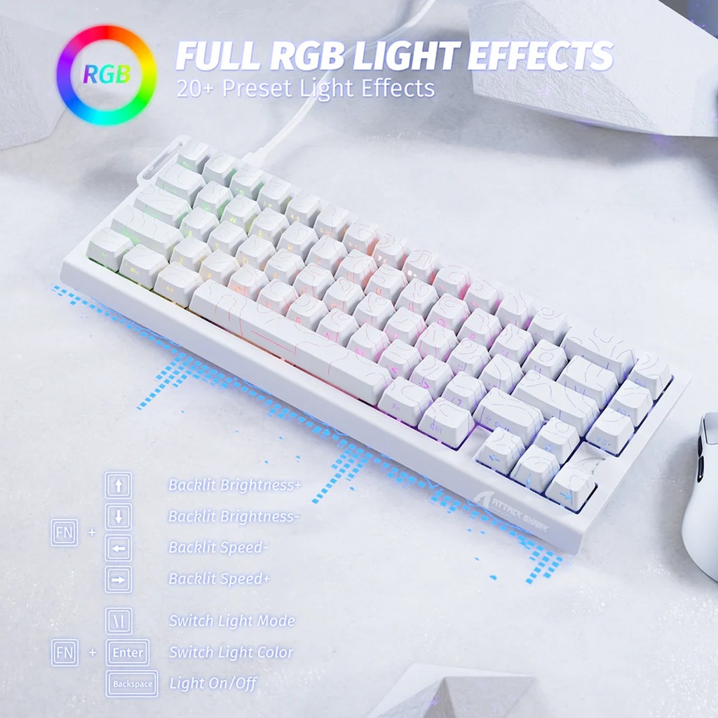 Attack Shark X68 HE Magnetic Swtich Keyboard 66Key Layout, PBT KeyCaps, RGB Light Effect For PC, Andriod, IOS, Mac - White Contour