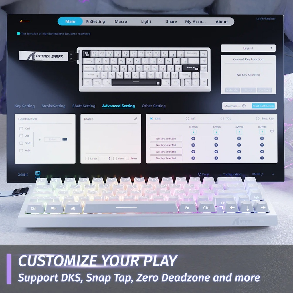 Attack Shark X68 HE Magnetic Swtich Keyboard 66Key Layout, PBT KeyCaps, RGB Light Effect For PC, Andriod, IOS, Mac - White Contour