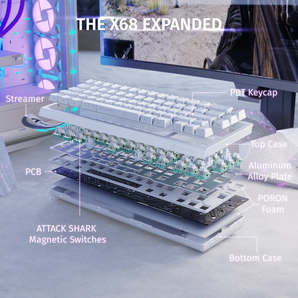 Attack Shark X68 HE Magnetic Swtich Keyboard 66Key Layout, PBT KeyCaps, RGB Light Effect For PC, Andriod, IOS, Mac - White Contour