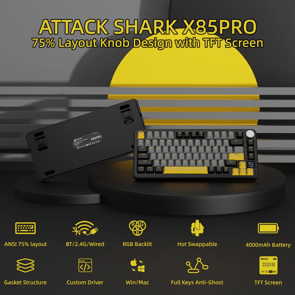 ATTACK SHARK X85Pro 75% Tri-Mode Gasket Mechanical Keyboard Blueberry Switch Linear - Starry Black