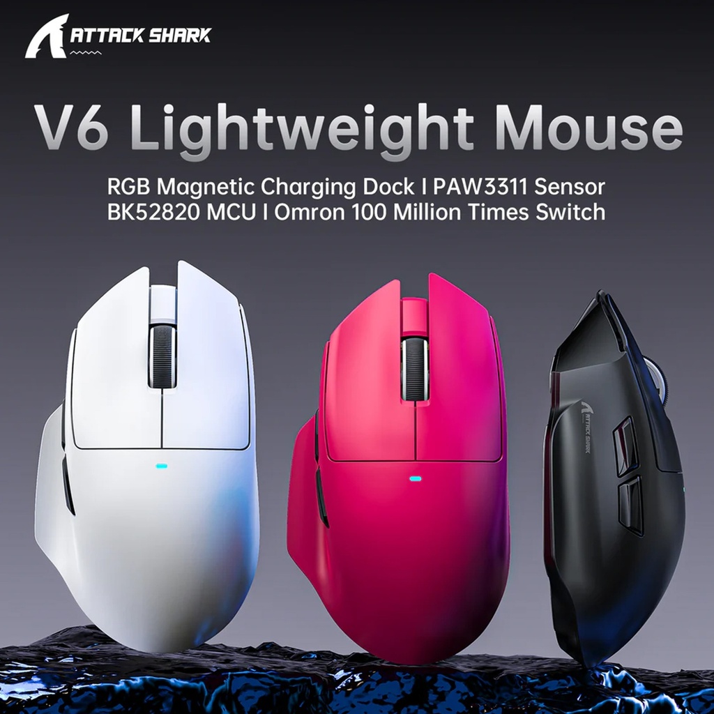 Attack Shark V6 Tri-Mode Connection 800-25000DPI, 1K Polling Rate with Magnetic Charging Dock - Black