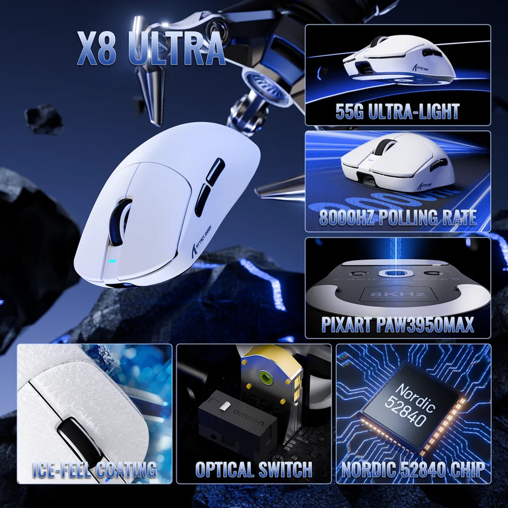 ATTACK SHARK X8Ultimate Tri-mode Lightweight Wireless Gaming Mouse With 8K Polling Rate - White