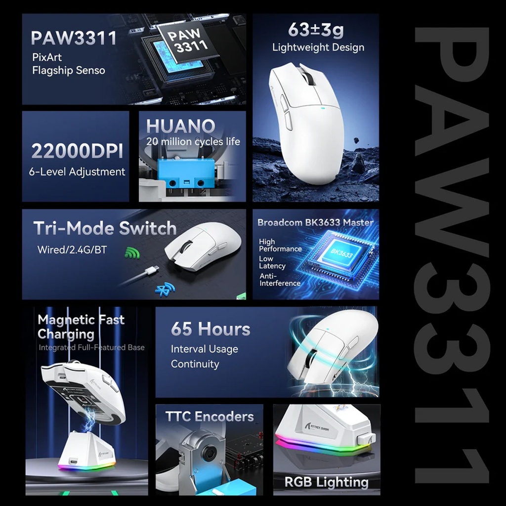 Attack Shark X11 Tri-Mode-Wired/2.4G/B, 22000 DPI, 5 Programmable Buttons With RGB Charging Dock - White