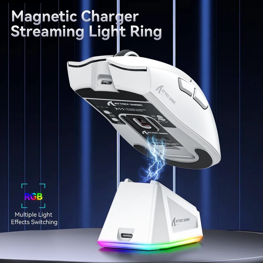 Attack Shark X11 Tri-Mode-Wired/2.4G/B, 22000 DPI, 5 Programmable Buttons With RGB Charging Dock - White