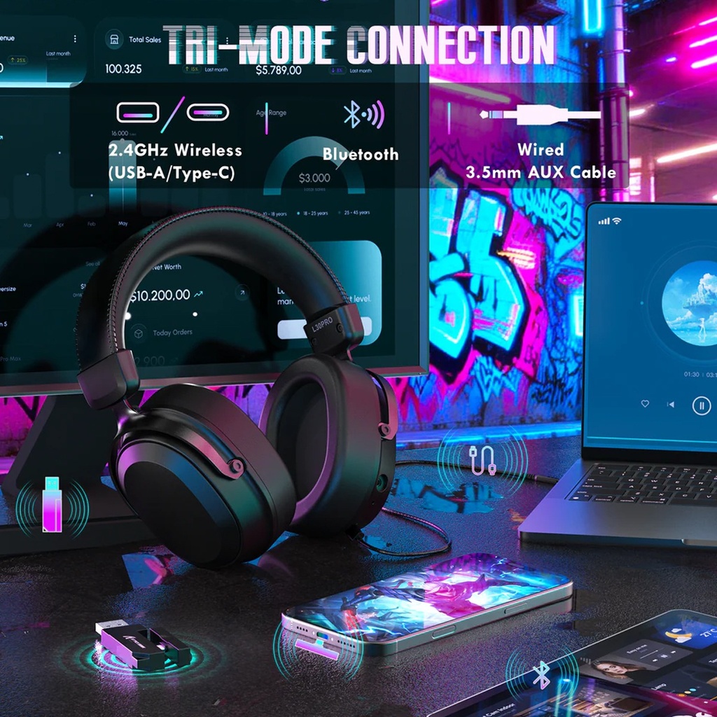 Attack Shark L30 Pro Wired+2.4G & BT Tri-Mode Gaming Headset, Omnidirectional Microphone Call ENC Wireless Range Upto 10 Meter - Black