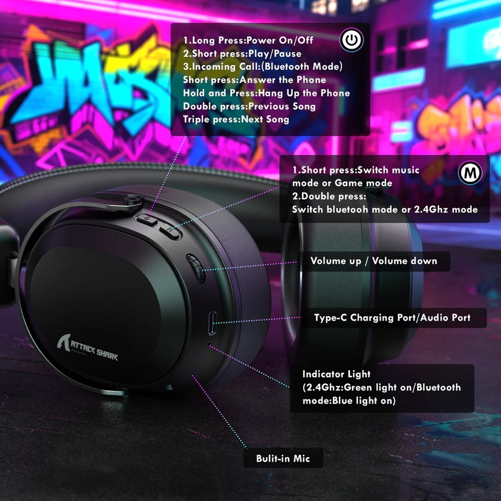 Attack Shark L30 Pro Wired+2.4G & BT Tri-Mode Gaming Headset, Omnidirectional Microphone Call ENC Wireless Range Upto 10 Meter - Black