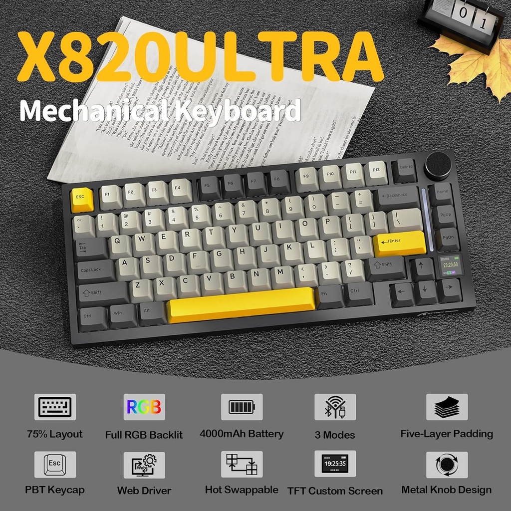ATTACK SHARK X820 Ultra RGB Tri-Mode Mechanical keyboard PBT KeyCaps Starry black Gift Switch
