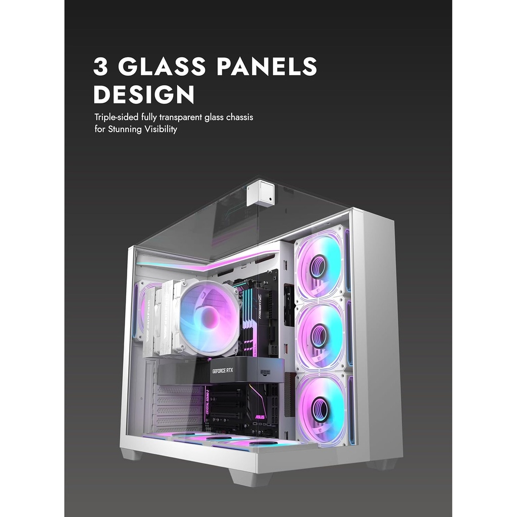 DarkFlash TH285 ATX Mid Tower Front Side & Left Side Tempered Glass Panel Case With RGB 4 Fans - White 3