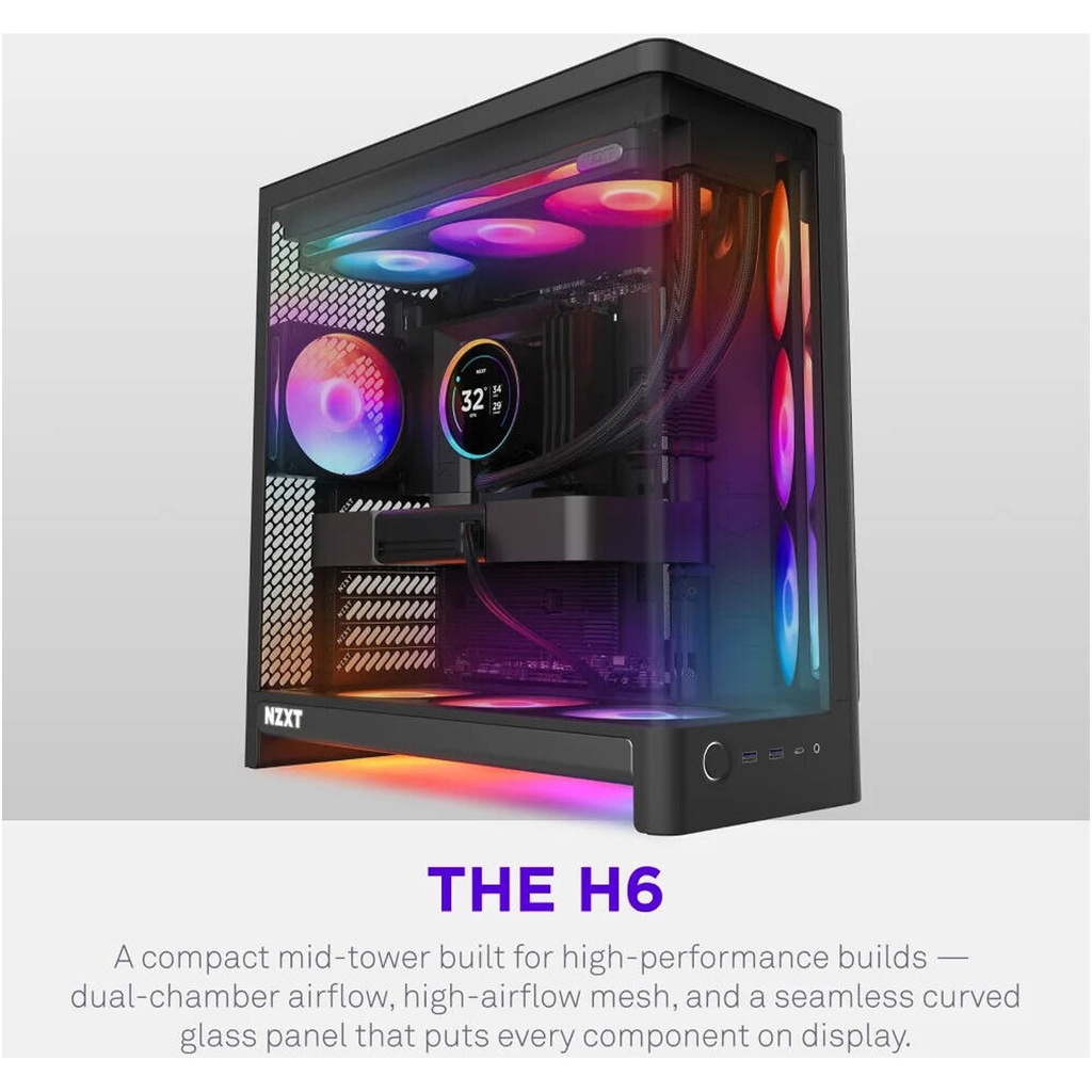 NZXT H6 RGB+ (2026) Dual-Chamber ATX Mid-Tower Airflow Two Panel Front & Left Side Tempered Glass Case With 3 RGB Fans - Black