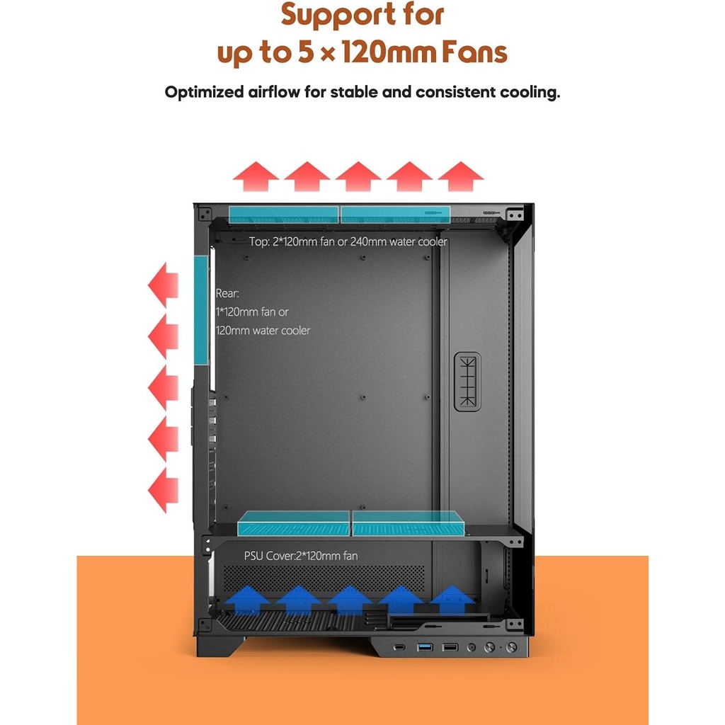 Tortox Nimbus E-ATX Fornt & Left Side Tempered Glass Case With 3 RGB Fans - Black