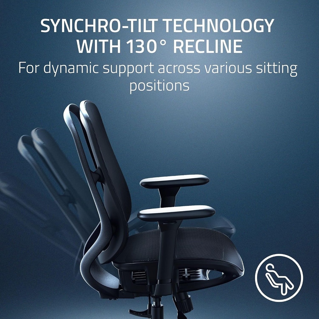 Razer Fujin Mesh Ergonomic Gaming Chair With 136 degree Recline, Adjustable Lumbar, High Seat Height, Padded Armrests Ultra-Durable - Black