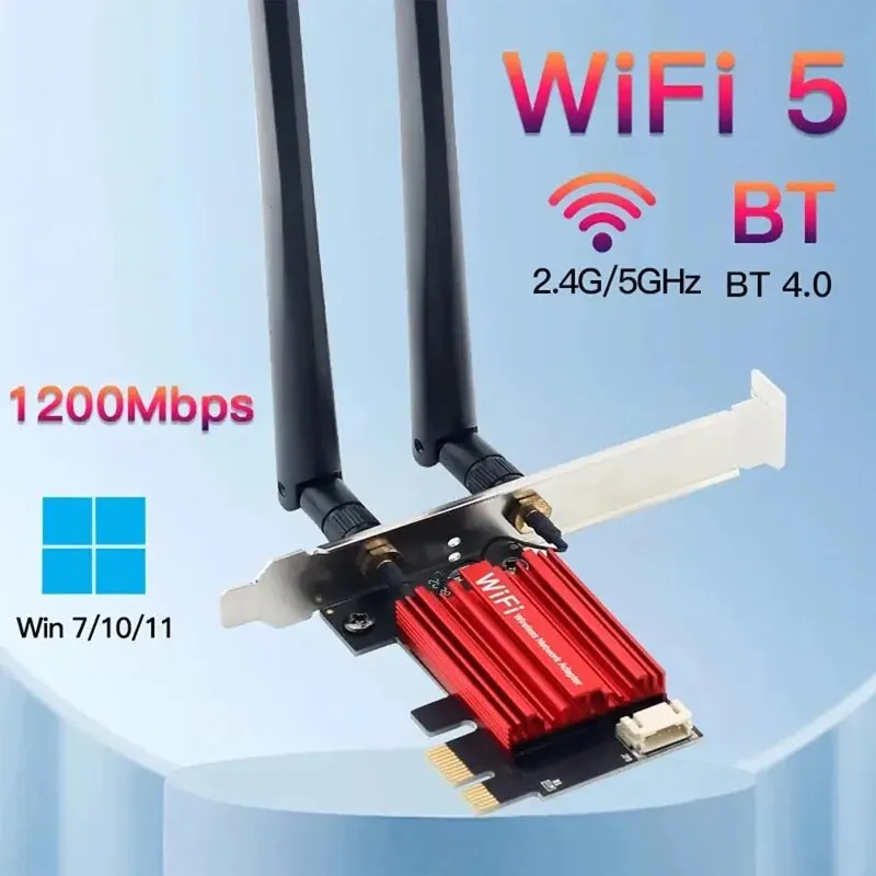 [W5P0N] WiFi 5 PCI-E Wireless Adapter Network Card AC1200 Dual Band 2.4G/5GHz 802.11AC For Bluetooth 4.0 Desktop Laptop Windows 10