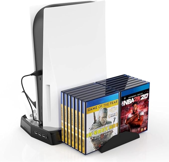 [KPC0N] KJH-P5-010-2 PS5 Cooling Fan Station and Dual Controller Charger Station for Playstation 5 PS5 Console, LED Indicator + 16 Game Storage disc Holders, 3 USB Ports (Black)