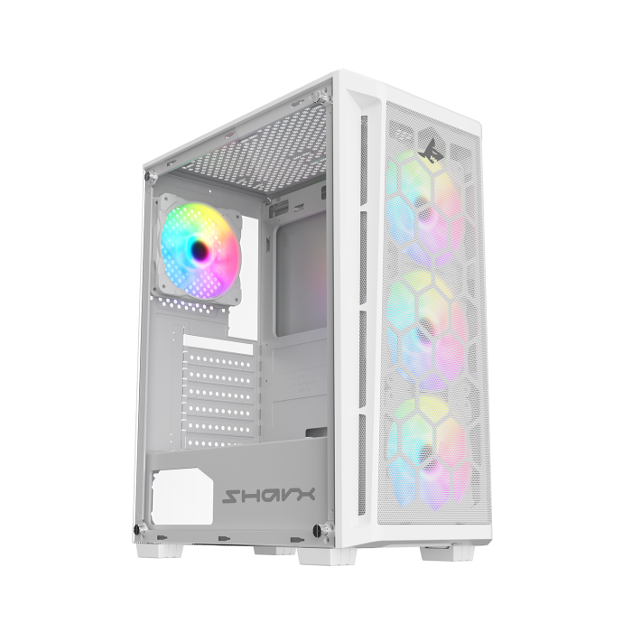 [PCSAN] PC Case SHARX RAZORFIN ARGB - ATX PC Case With Front Mesh Panel, 4 x 120mm Pre-Installed Fans Model R-200,White