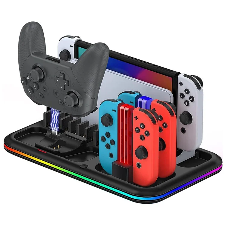 [HDR1N] HONCAM DZ601 RGB Light Charging Station for Nintendo Switch Game Console / Controller Heat Dissipation Charging Dock Stand - White