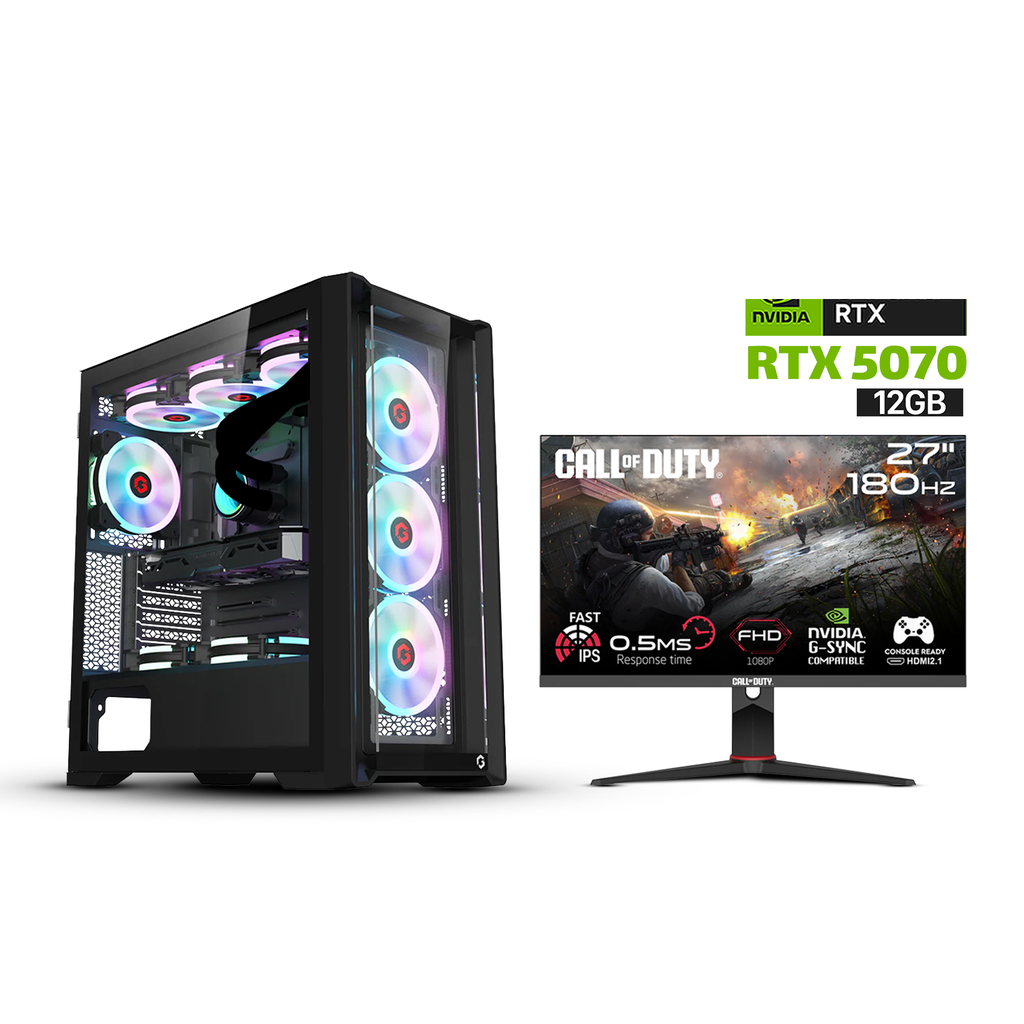 [NS030119] Gaming i7-13700F CPU, B760 DDR5 Motherboard, 32GB D5 RAM, 1TB NVMe SSD, RTX 5070 12GB, 850 WATT PSU, L240 Liquid Cooler, GameOn Vortex Mid Night Series Case 4x RGB Fans, Win 11 Pro (License) + GAMEON Call Of Duty 27’’ FHD 180Hz HDMI 2.1 Gaming Monitor