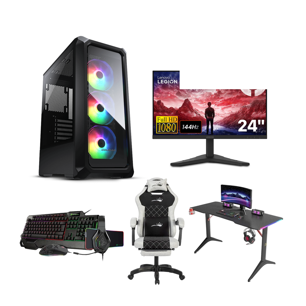 [NS031190] Gaming PC - Intel i5-12400F, H610 D4 Motherboard, 16GB DDR4, 1TB NVMe SSD, RTX 5050 8GB, 650 WATT PSU, Cougar Archon 2 With 3 ARGB Fans, Win 11 Pro, Lenovo Legion 24’’ FHD 144Hz Gaming Monitor, Royal RGB Desk & C23 Chair White, SharX Jaws Wired Bundle