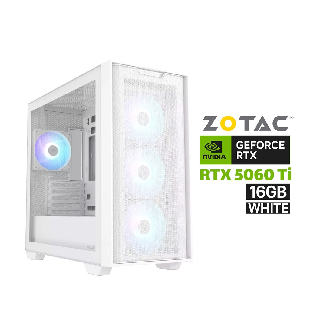 [NS031377] Gaming PC i5-14400F Processor, GIGABYTE B760 DDR5 Motherboard, 16GB DDR5 RAM, 1TB NVMe SSD, ZOTAC RTX 5060 TI 16GB White Graphics Card, 750 WATT GOLD PSU, Asus A21 Plus Micro ATX Case 4x ARGB Fans, USB Wi-Fi Adapter, Windows 11 Pro License