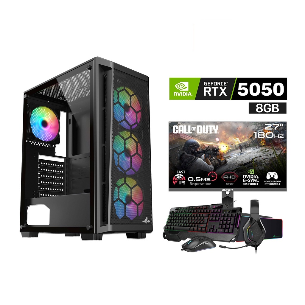 [NS030588] Gaming PC i5-14400F, H610 D4 Motherboard, 16GB D4 RAM, 1TB NVMe SSD, RTX 5050 8GB VGA, 750 WATT PSU, Sharx Razorfin R-200 Case, 4 RGB Fans, USB Wi-Fi Adapter, Windows 11 Pro (License) Gameon Call Of Duty FHD Gaming Monitor + SharX Jaws JS4X1 Gaming Bundle
