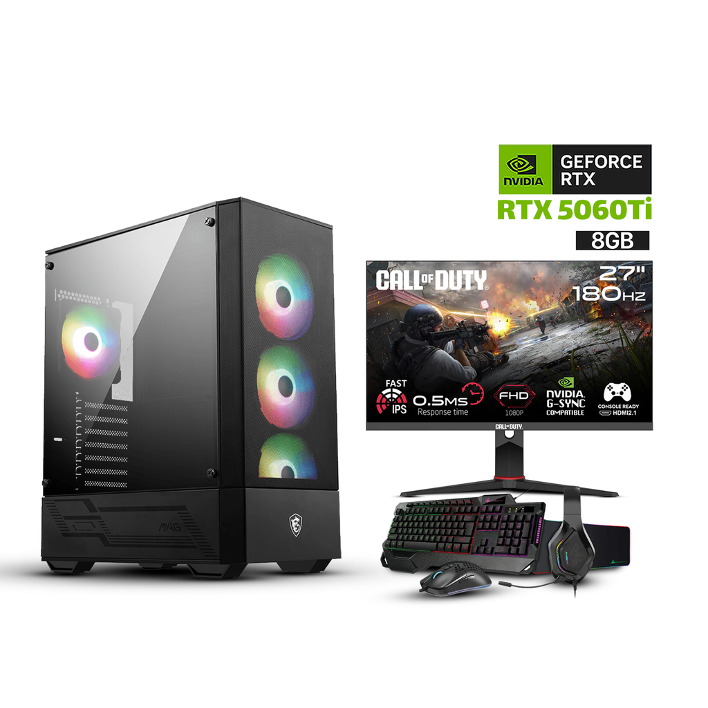 [NS030120] Gaming PC i5-14400F,H610 D5 Motherboard,16GB D5 RAM,1TB NVMe SSD,RTX 5060Ti 8GB,750 WATT PSU,MSI MAG Forge 112R Case,USB Wi-Fi Adapter,Win 11 Pro (License)+GAMEON Call Of Duty COD27FHD180IPS 27" FHD,180Hz,HDMI 2.1 Gaming Monitor+Sharx JS4X1 4in1 Bundle