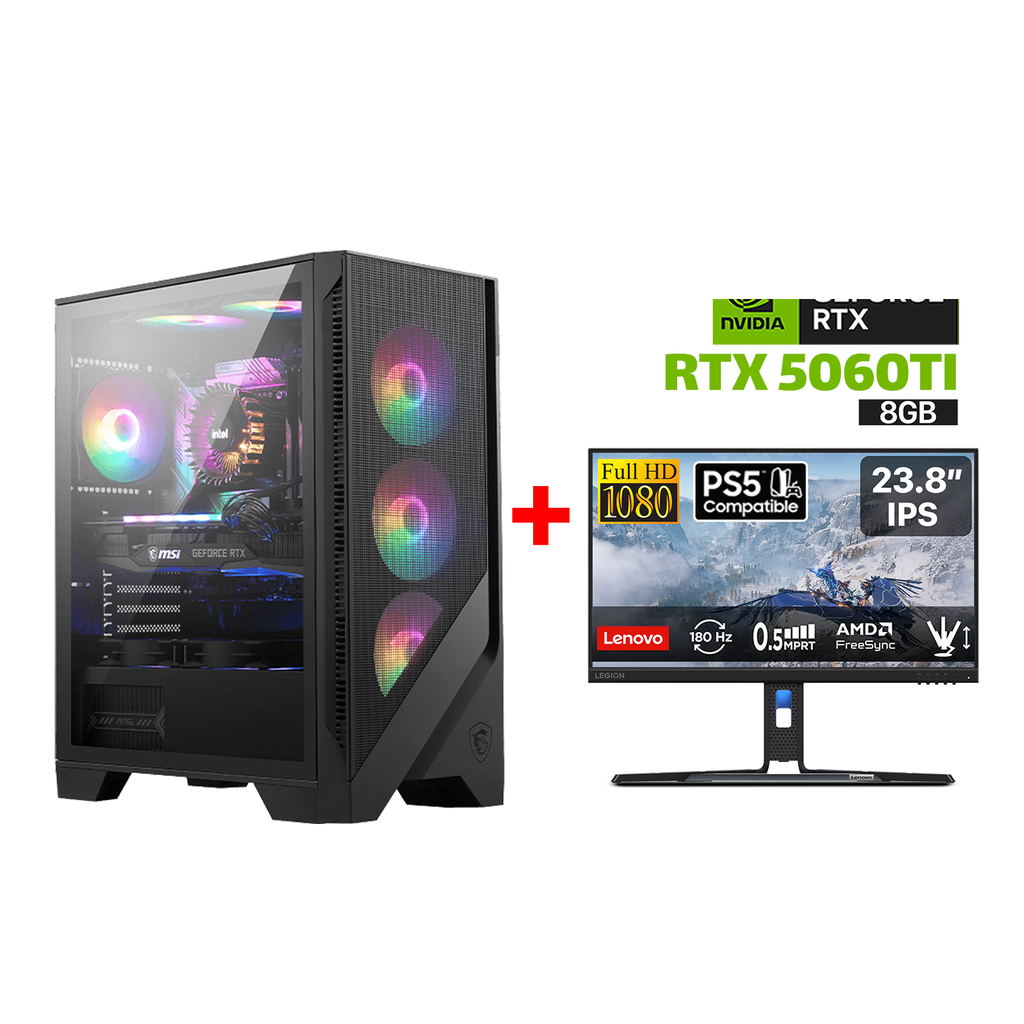 [NS029108] Gaming PC i7-12700F, MSI BOMBER B760 D5 WIFI Motherboard, 16GB D5 RAM, 1TB NVMe SSD, RTX 5060TI 8GB VGA, 750 WATT PSU, L240 Liquid Cooler, MSI MAG Forge 120A AirFlow Case, 6x RGB Fans, Win 11 Pro License + Lenovo Legion R24E 23.8" FHD Gaming Monitor