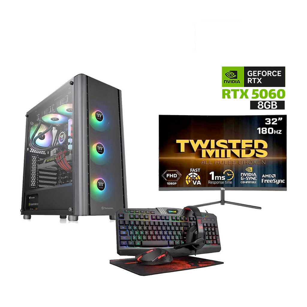 [NS029831] Gaming PC Ultra 5 225F CPU,ASUS H810 WIFI Motherboard,16GB RAM D5,1TB SSD NVME,RTX 5060 8GB VGA,750 WATT PSU,Thermaltake V250 TG Case 3-ARGB Fans,Win 11 Pro (License)+Twisted Minds 32" FHD 180Hz Curved Gaming Monitor+Redragon 4-in-1 RGB Wired Gaming Set