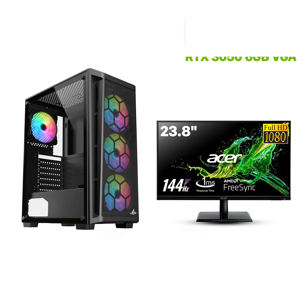 [NS031076] Gaming PC – Intel i5-12400F Processor, H610 D4 Motherboard, 16GB DDR4 RAM, 1TB NVMe SSD, RTX 3050 6GB GPU, 650W PSU, Sharx Razorfin ATX Case 4x RGB Fans, USB WiFi, Windows 11 Pro, Acer 24" 144Hz Monitor