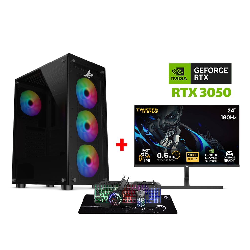 [NS026562] Gaming PC i5-12400F, H610 Motherboard,16GB RAM DDR4,1TB NVMe SSD,RTX 3050 6GB VGA,650 WATT PSU,Sharx Zephyr Mid Tower Case,USB Wi-Fi Adapter,Windows 11 Pro (License),Twisted Minds 24" IPS 180Hz 0.5ms FHD Monitor, Gameon Cypher XL All-In-One Bundle