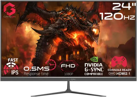 [GESGU] GAMEON Essential Series Gaming Monitor, 24" Inch FHD 120Hz IPS Display, 0.5ms Response Rate, HDMI 2.1, HDR10, FreeSync, Supports PS5, VESA Compatible, 2 x 3W Speakers, Black | GOES24FHD120IPS (Used)