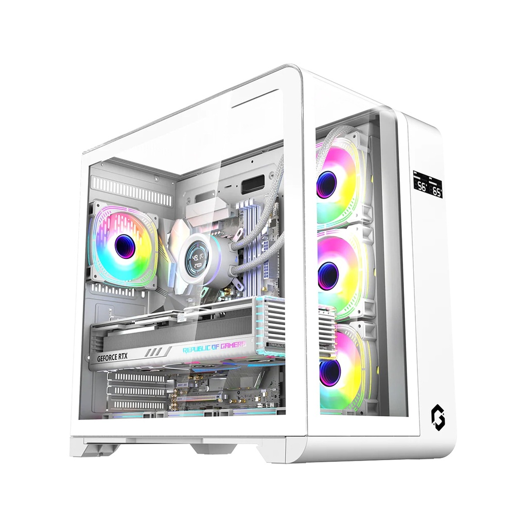 [NS030383] GameOn Infinity Series Digital Display Screen Mid Tower Three Panel Front,Top & Left Side Tempered Glass Case With 7 RGB Fans - White