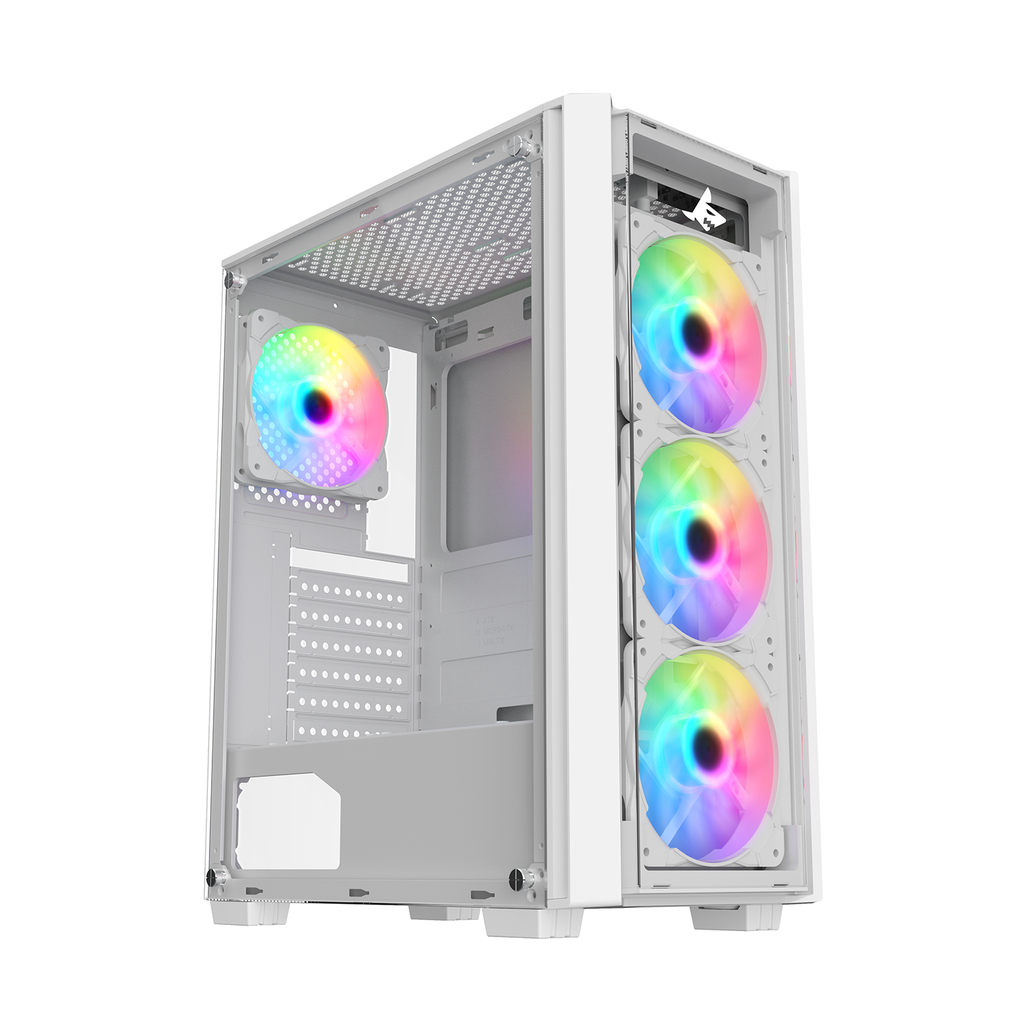 [NS026600] Sharx Striker Mid Tower Two Panel Front & Left Side Tempered Glass Case with 4 RGB Fans - White