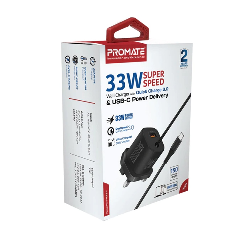 [NS003875] Promate 33W Super Speed Wall Charger with Quick Charge 3.0 & USB-C Power Delivery Black