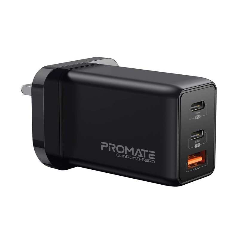 [NS004065] Promate 65W Power Delivery GaNFast™ Charging Adaptor UK Plug Charge From Earbuds to Macbook Pro 16" Black