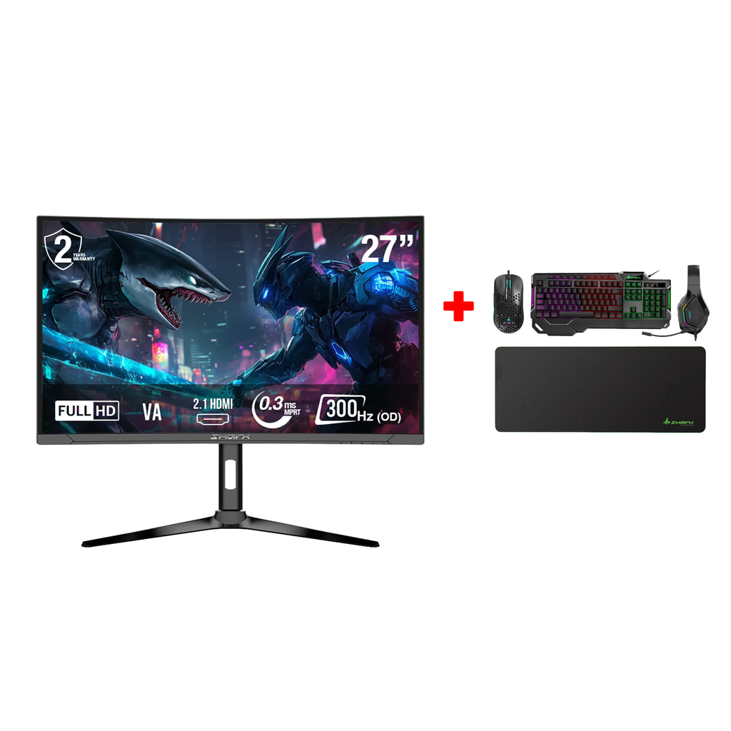 [SJ2CU] SharX Jaws 27" Curved Gaming Monitor, VA Panel FHD 300Hz 0.3ms HDMI 2.1 With AMD FreeSync & Nvidia G-Sync Compatibility + SharX Jaws JS4X1 4-In-1 Gaming Bundle, Keyboard (English & Arabic) Mouse, Headset & MousePad (Used)