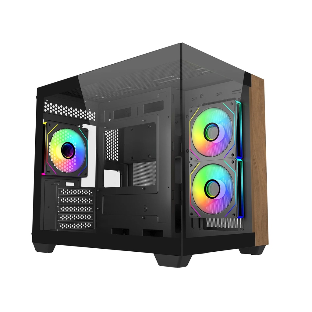 [NS039798] Cooler Master Elite 481 Wood Mini Tower Fornt & Left Side Tempered Glass Panel Case With 3 ARGB Fans - Black
