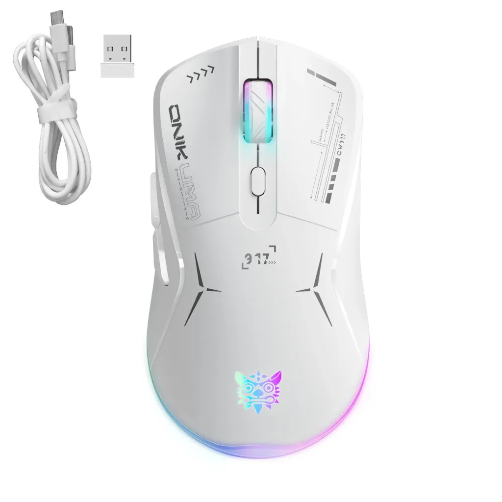 [JWLRN] Onikuma CW917 Wireless Gaming Mouse, 4800 DPI Wired/Wireless Gamer Mouse, Dual-Mode Computer Mouse Rechargeable 6 Buttons Reliable Power Capacity and RGB Backlight for PC/Mac/Laptop (White)