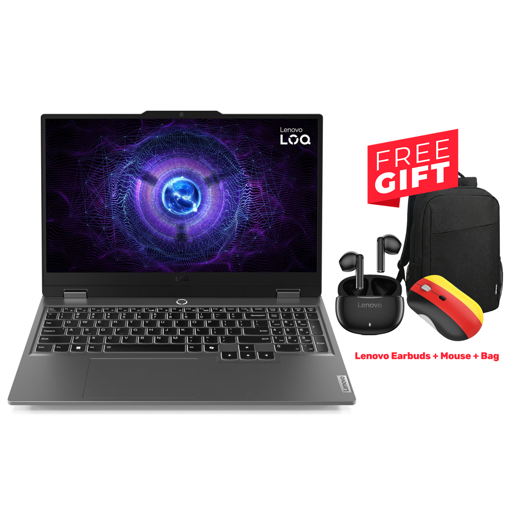 Lenovo LOQ 15IRX9 Gaming Laptop, Intel Core i7-13645HX Processor, 16GB DDR5 Ram, 512GB SSD NVMe, RTX 4050 6GB Graphics, 15.6" FHD IPS 144Hz Display, White Backlit Keyboard, Windows 11 Pro (License), Luna Grey (Free Gift Lenovo Earbuds+Mouse+Bag)