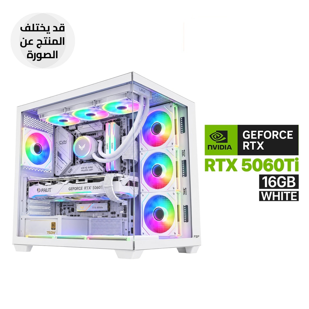 Gaming PC - AMD RYZEN 7 9700X, ColorFul AMD CVN X870 ARK FROZEN WIFI White Motherboard, 16GB D5 RAM, 1TB SSD NVMe, Palit Geforce RTX 5060Ti 16GB White, 750 WATT GOLD, L360 Liquid Cooler White, FSP M341 ATX Mid Tower Case 7x ARGB Fans, Win 11 Pro (License)