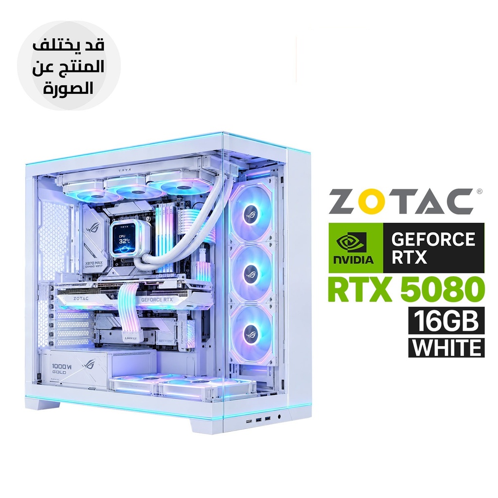 RYZEN 7-9800X3D, Asus X870 Max Gaming Wifi7, 32GB D5 RAM, 2TB SSD NVMe, ZOTAC RTX 5080 16GB White, 1000W GOLD PSU, TRYX STAGE 360 4'' Dual-Screen AIO Cooler White, Lian Li O11 Dynamic EVO Case White, 7x Rog Eurux GR120 Fans, Lian-Li Strimers, Win 11 Pro